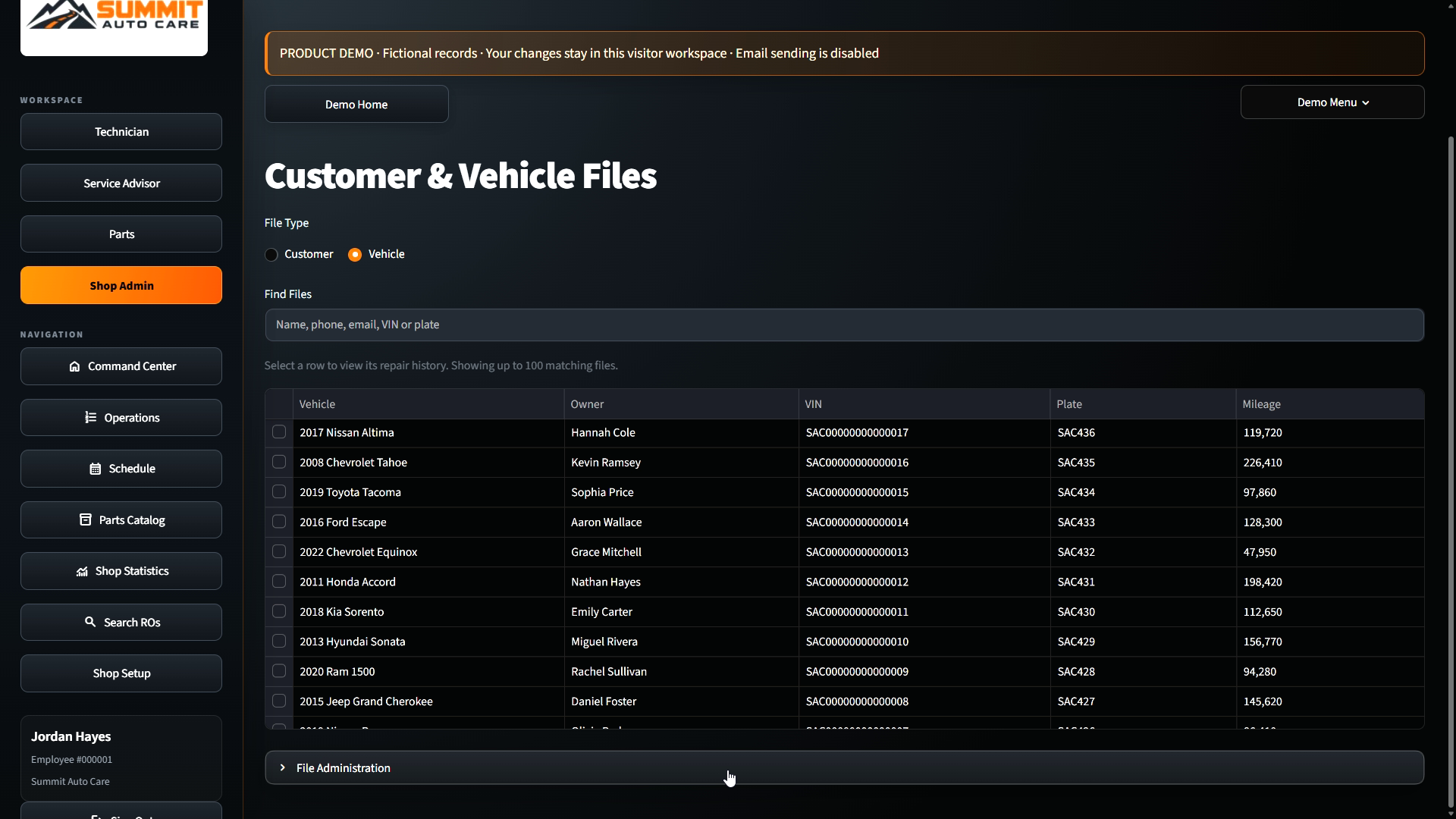 EIS customer and vehicle files screen