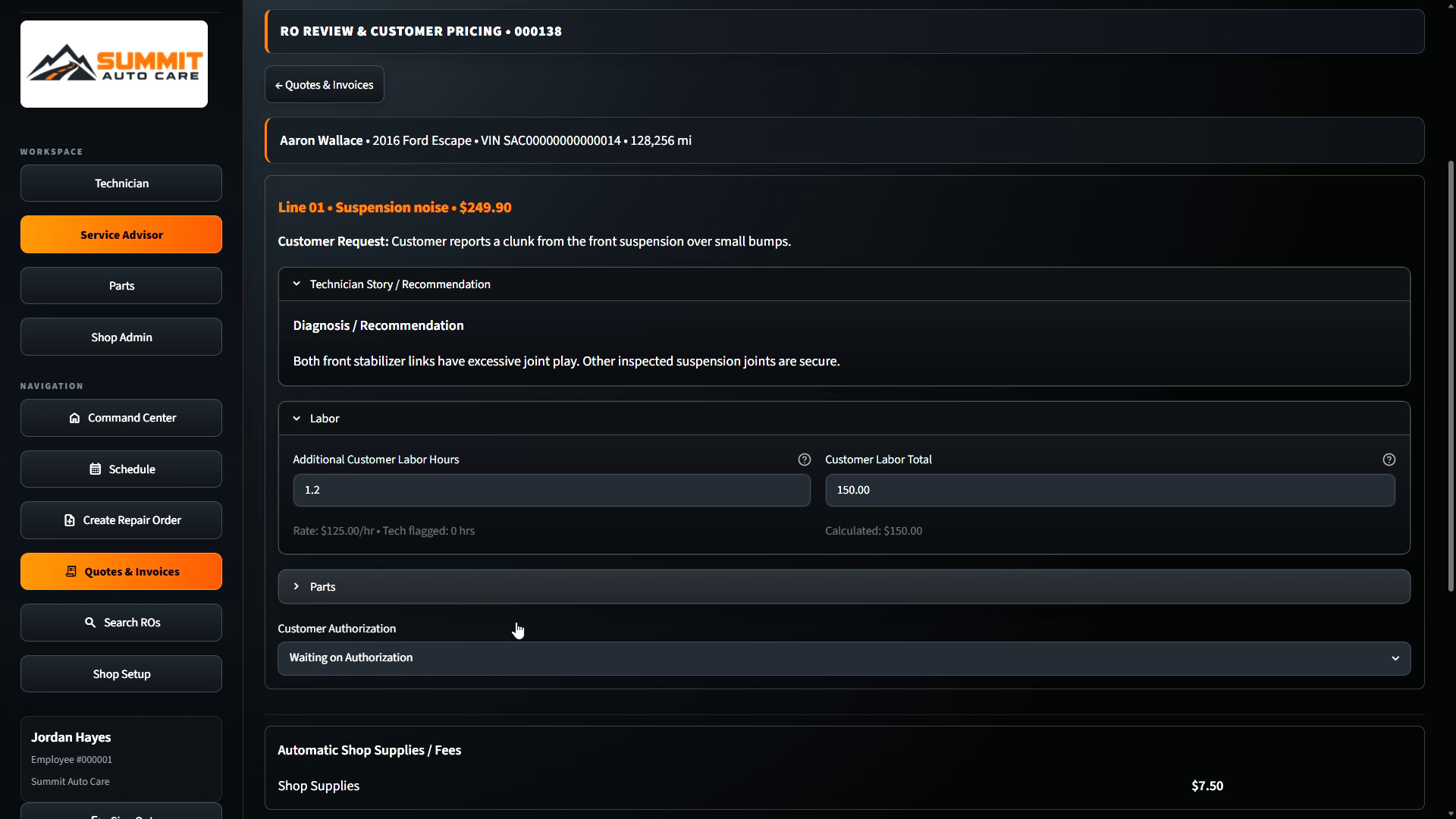 EIS repair order screen